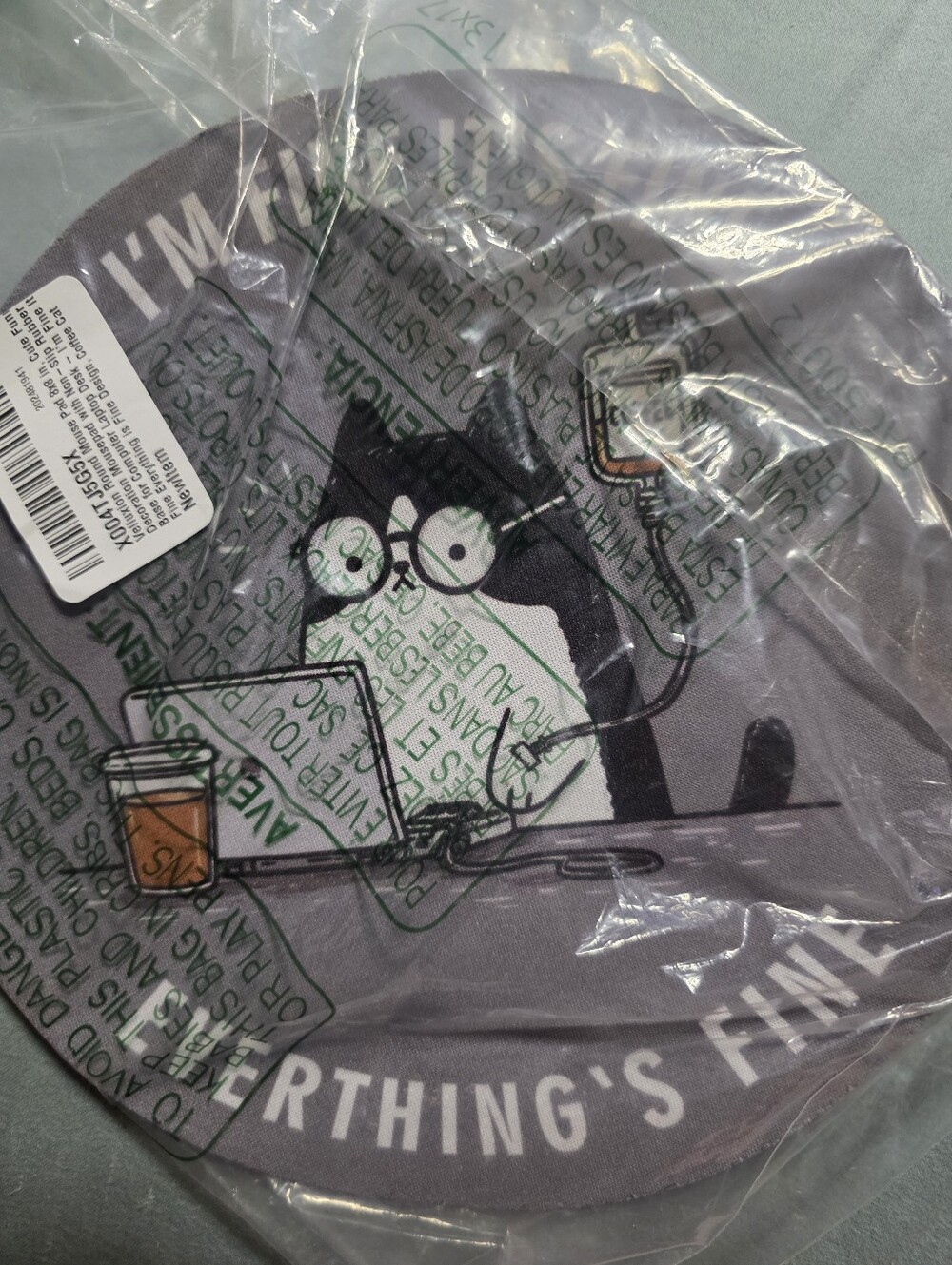 Velluxion Round Mouse Pad - I'm Fine Everything is Fine Coffee Cat